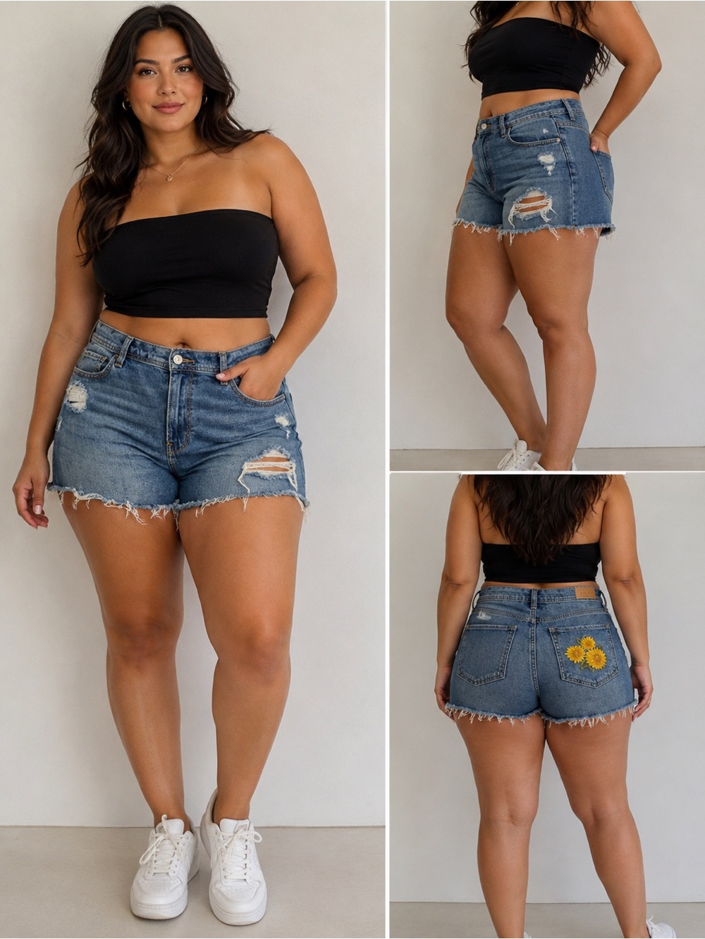 Hollister Medium Blue Distressed Denim Shorts with Sunflower Patch